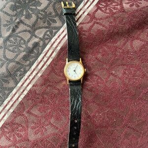 Gold and Black Leather Strap Watch